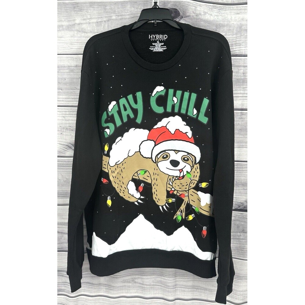 HYBRID APPAREL STAY‎ CHILL SLOTH CHRISTMAS SWEATSHIRT Women's Size XL  BLACK